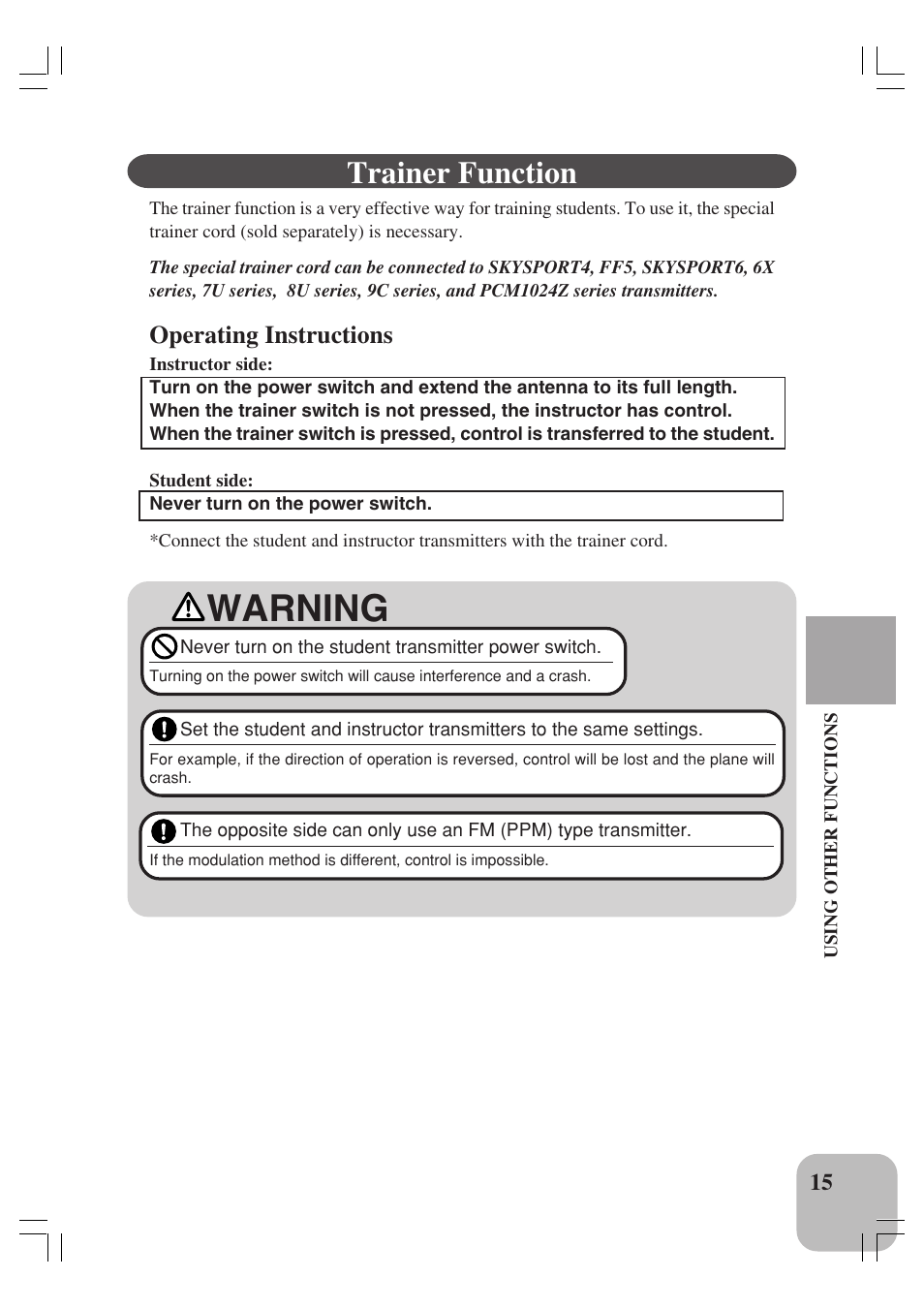 Warning, Trainer function, Operating instructions | Futaba 4YF User Manual | Page 16 / 21