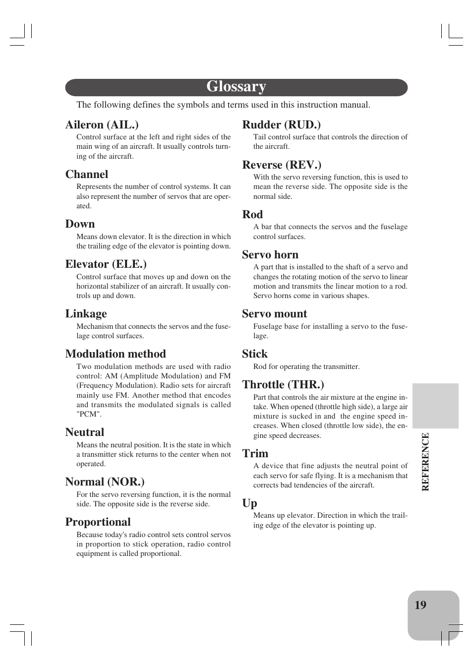 Glossary, Aileron (ail.), Channel | Down, Elevator (ele.), Linkage, Modulation method, Neutral, Normal (nor.), Proportional | Futaba 4YF User Manual | Page 20 / 21