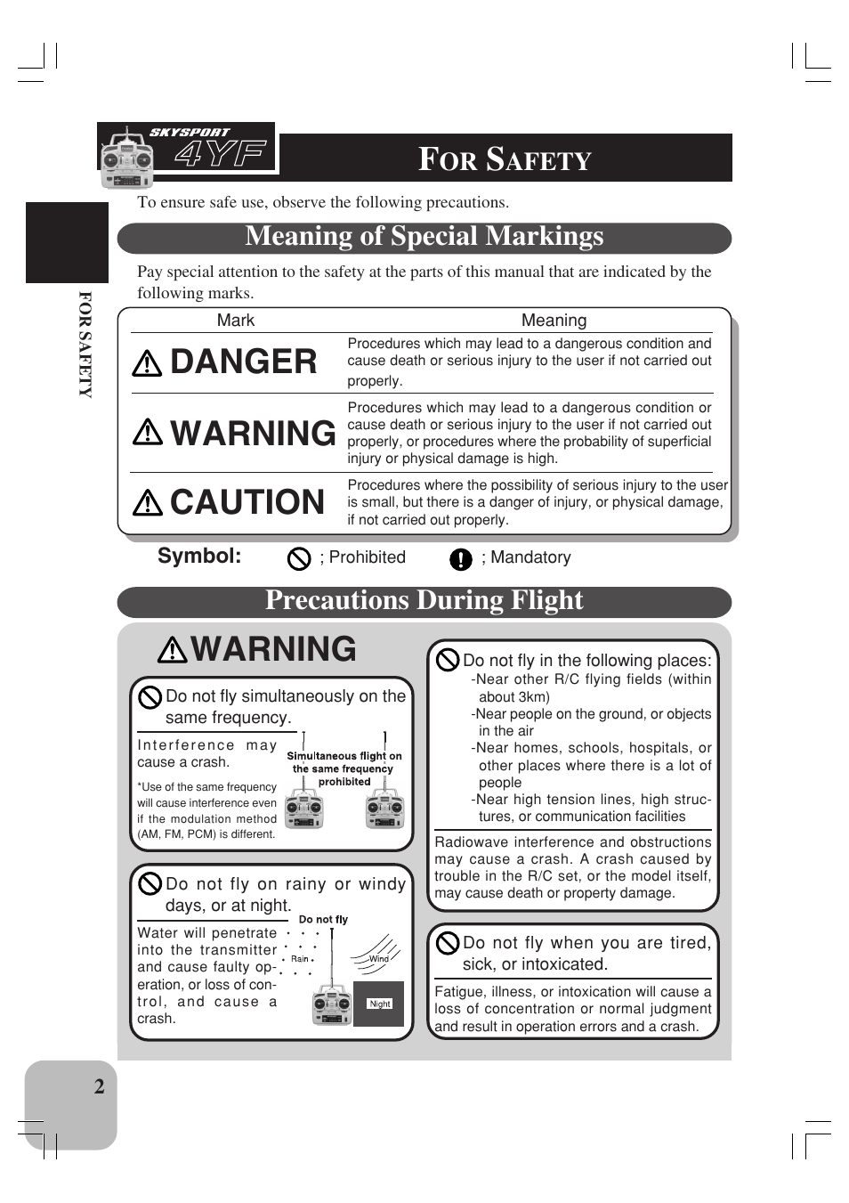 Warning, Danger, Caution warning | Precautions during flight, Meaning of special markings, Afety | Futaba 4YF User Manual | Page 3 / 21