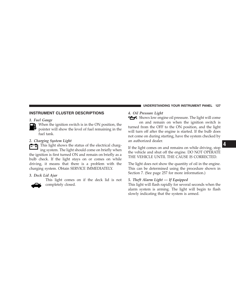 Instrument cluster descriptions | Chrysler 2005 PT Cruiser Convertible User Manual | Page 127 / 360