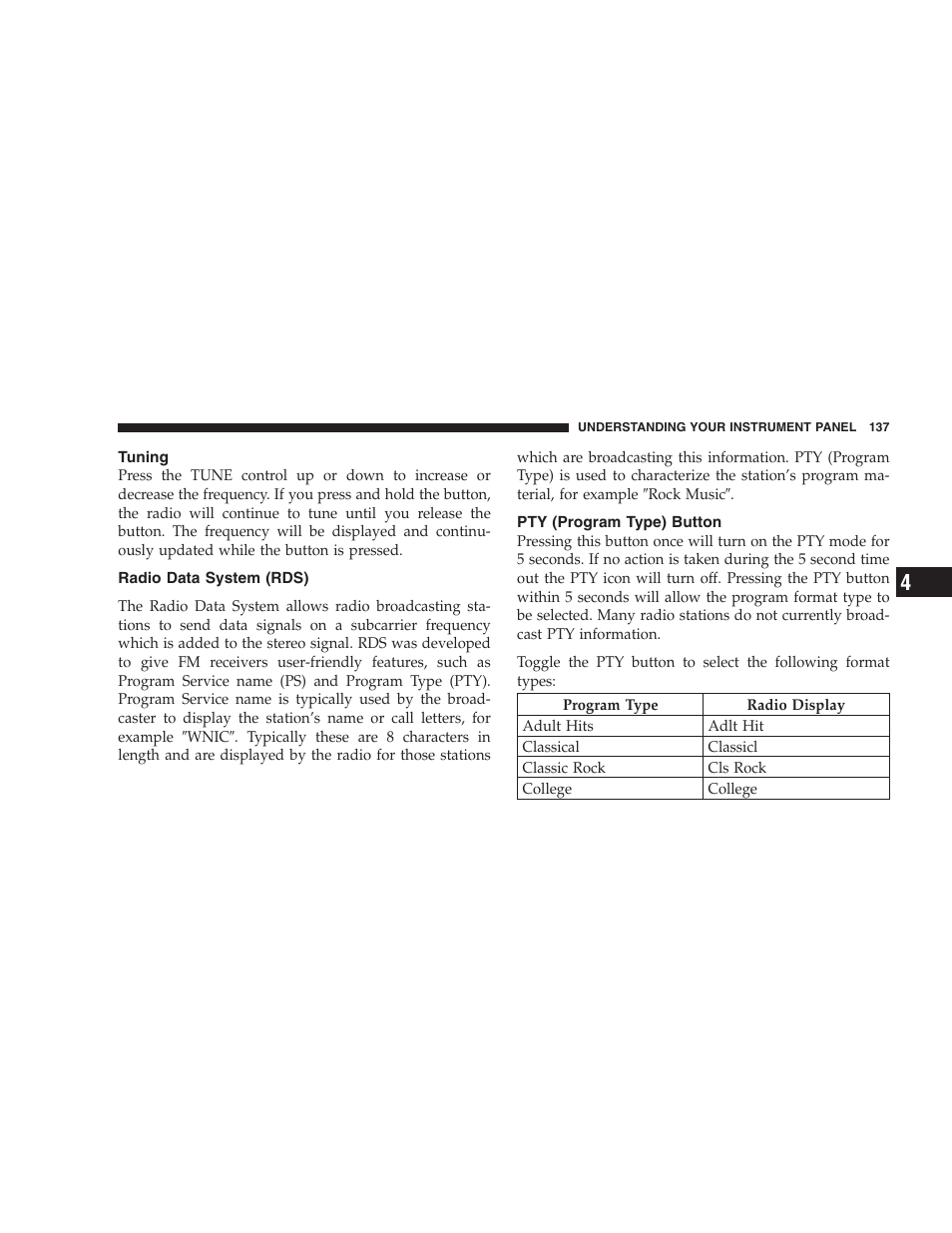 Tuning, Radio data system (rds), Pty (program type) button | Chrysler 2005 PT Cruiser Convertible User Manual | Page 137 / 360