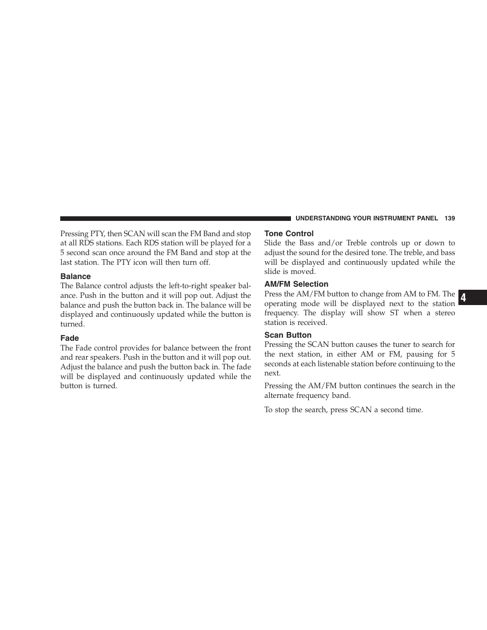 Balance, Fade, Tone control | Am/fm selection, Scan button | Chrysler 2005 PT Cruiser Convertible User Manual | Page 139 / 360