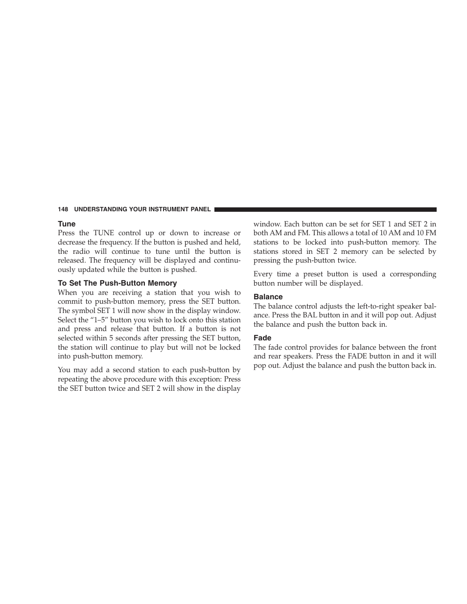 Tune, To set the push-button memory, Balance | Fade | Chrysler 2005 PT Cruiser Convertible User Manual | Page 148 / 360