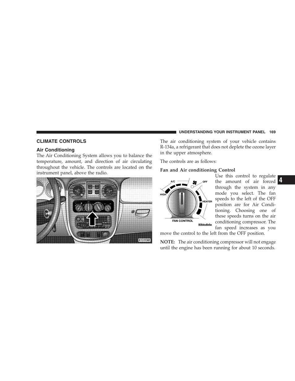 Climate controls, Air conditioning | Chrysler 2005 PT Cruiser Convertible User Manual | Page 169 / 360