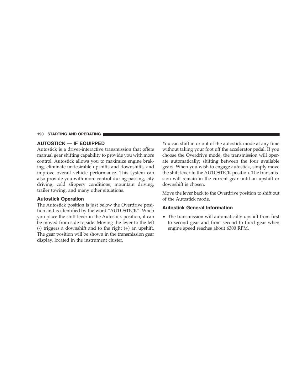 Autostick — if equipped, Autostick operation, Autostick general information | Chrysler 2005 PT Cruiser Convertible User Manual | Page 190 / 360