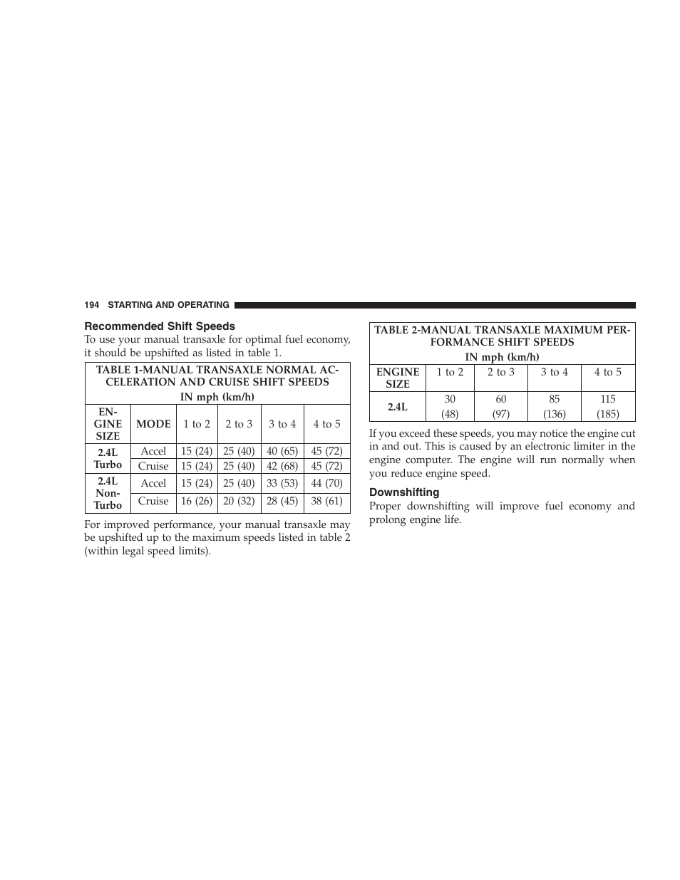 Recommended shift speeds, Downshifting | Chrysler 2005 PT Cruiser Convertible User Manual | Page 194 / 360