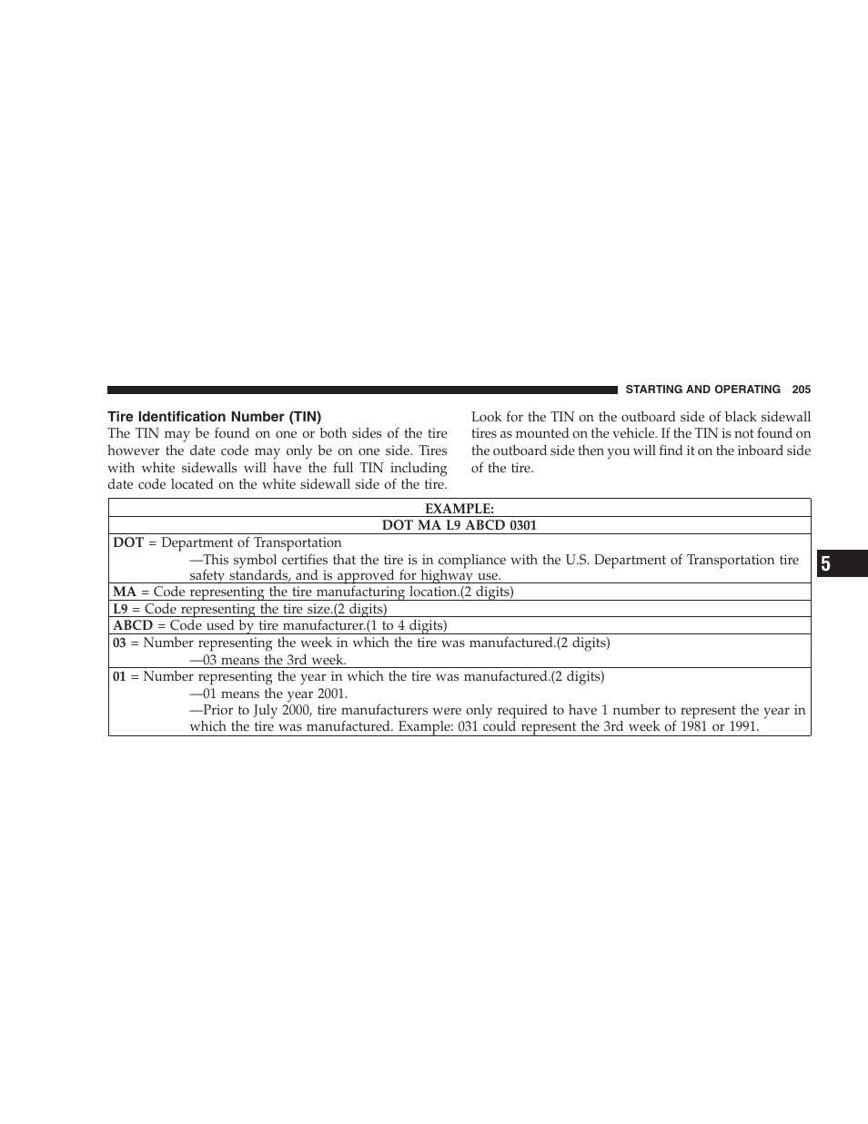 Tire identification number (tin) | Chrysler 2005 PT Cruiser Convertible User Manual | Page 205 / 360