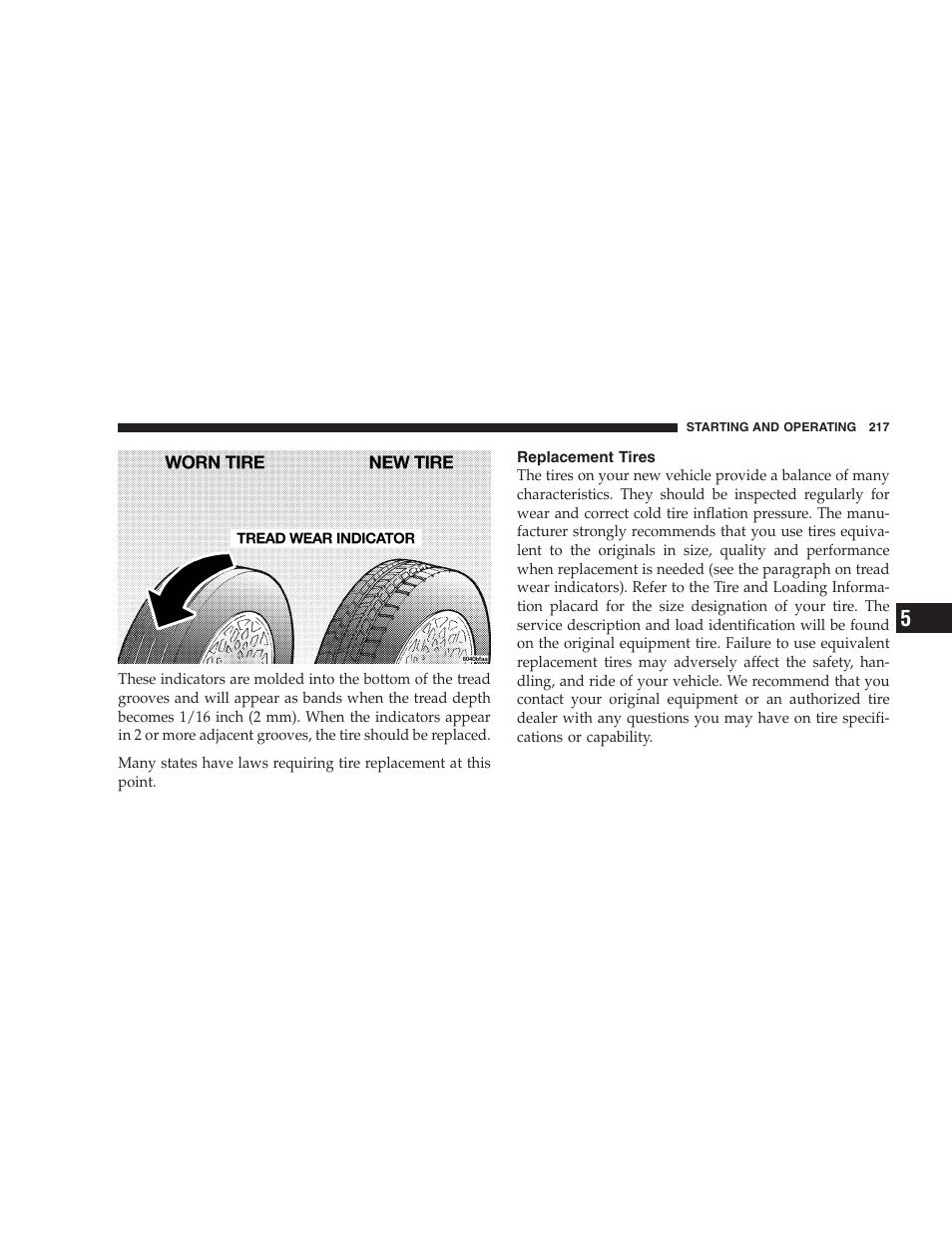 Replacement tires | Chrysler 2005 PT Cruiser Convertible User Manual | Page 217 / 360