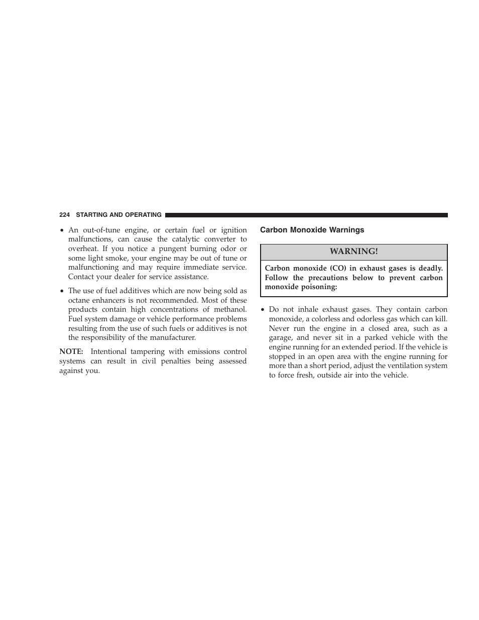 Carbon monoxide warnings | Chrysler 2005 PT Cruiser Convertible User Manual | Page 224 / 360