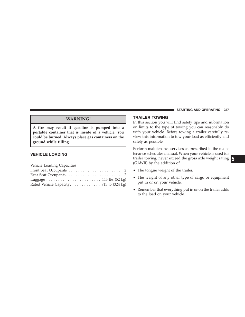 Vehicle loading, Trailer towing | Chrysler 2005 PT Cruiser Convertible User Manual | Page 227 / 360