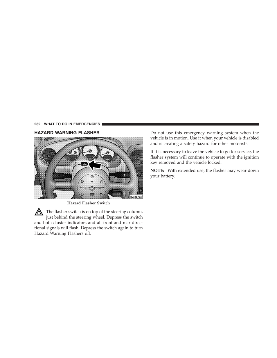 Hazard warning flasher | Chrysler 2005 PT Cruiser Convertible User Manual | Page 232 / 360