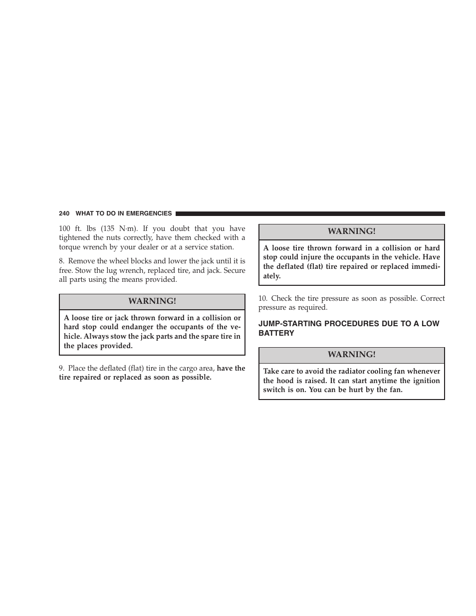 Jump-starting procedures due to a low, Battery | Chrysler 2005 PT Cruiser Convertible User Manual | Page 240 / 360