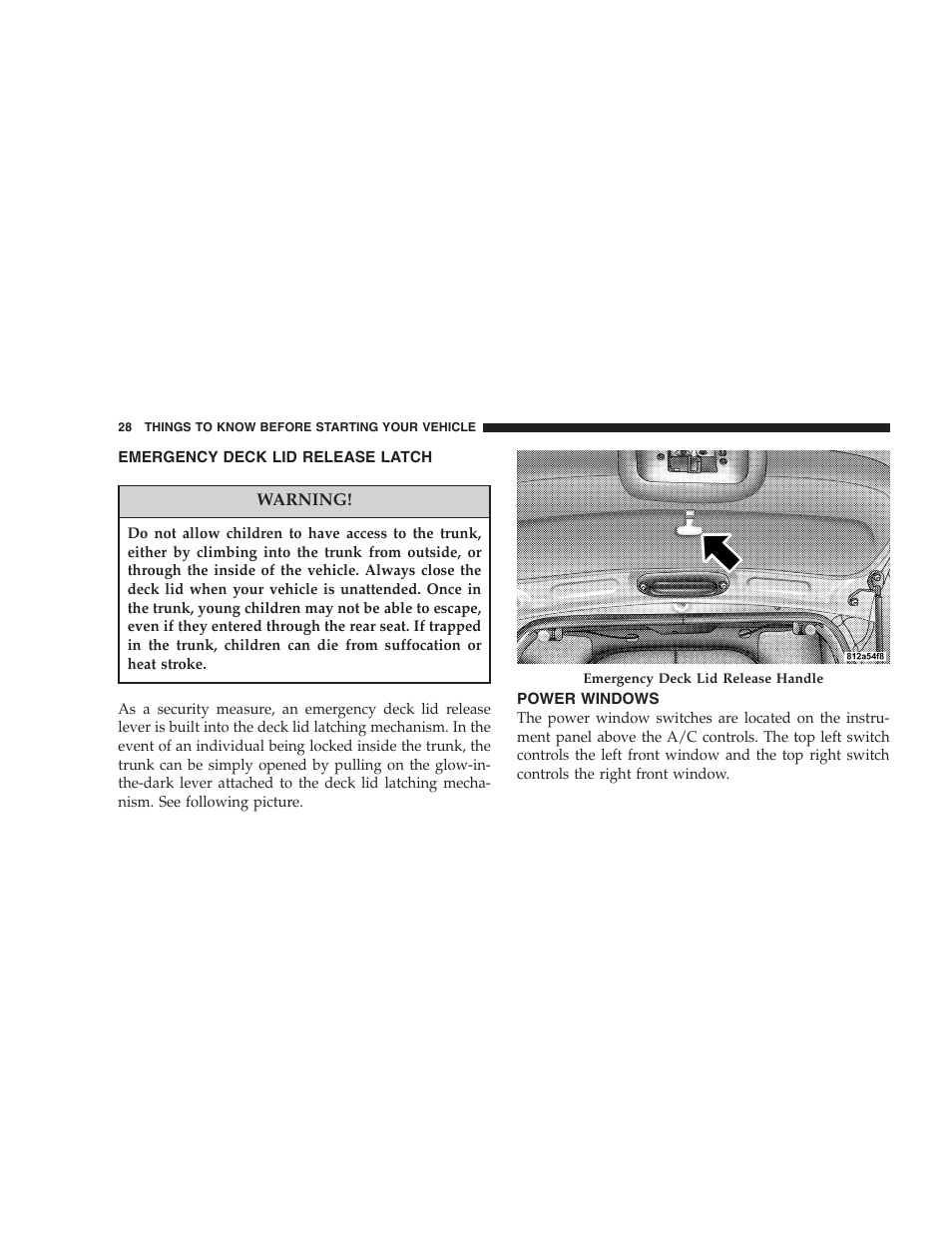 Emergency deck lid release latch, Power windows | Chrysler 2005 PT Cruiser Convertible User Manual | Page 28 / 360