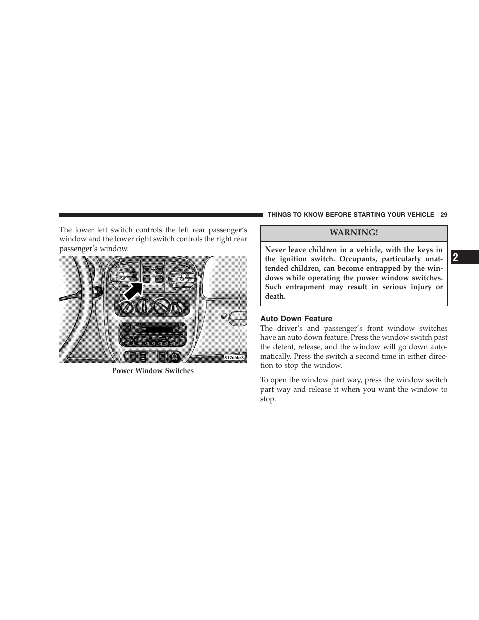 Auto down feature | Chrysler 2005 PT Cruiser Convertible User Manual | Page 29 / 360