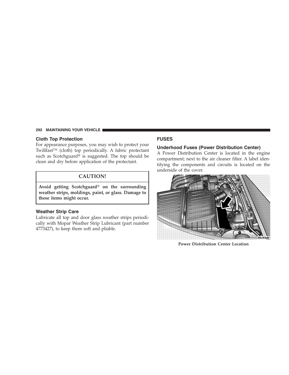 Cloth top protection, Weather strip care, Fuses | Underhood fuses (power distribution center) | Chrysler 2005 PT Cruiser Convertible User Manual | Page 292 / 360