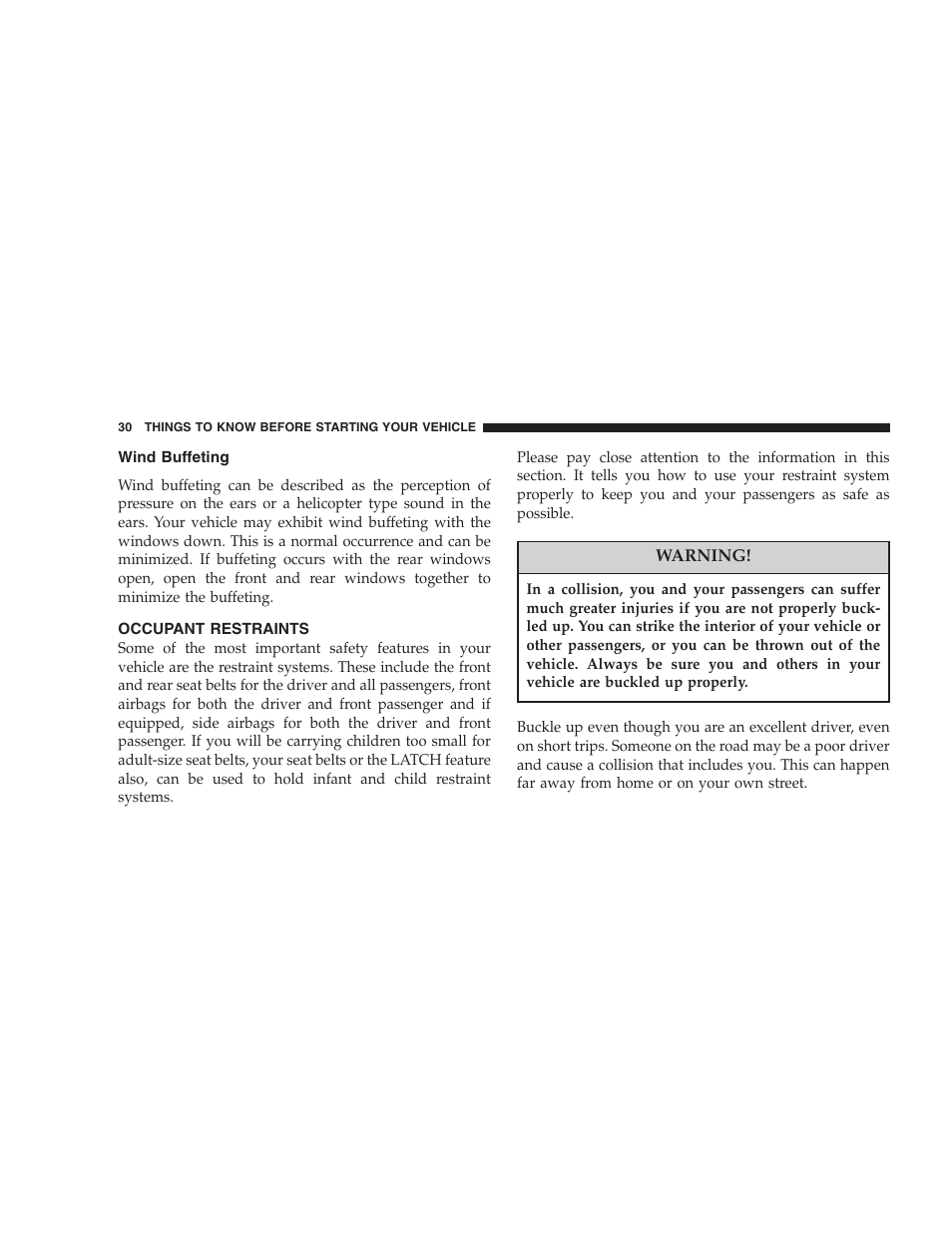 Wind buffeting, Occupant restraints | Chrysler 2005 PT Cruiser Convertible User Manual | Page 30 / 360