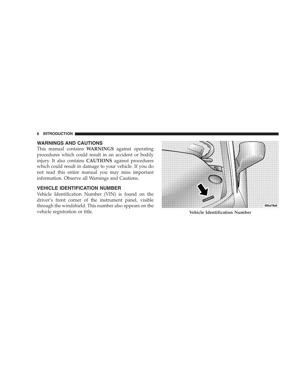 Warnings and cautions, Vehicle identification number | Chrysler 2005 PT Cruiser Convertible User Manual | Page 6 / 360