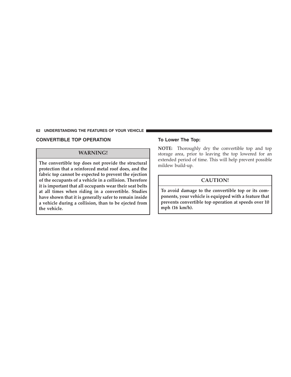 Convertible top operation, To lower the top | Chrysler 2005 PT Cruiser Convertible User Manual | Page 62 / 360