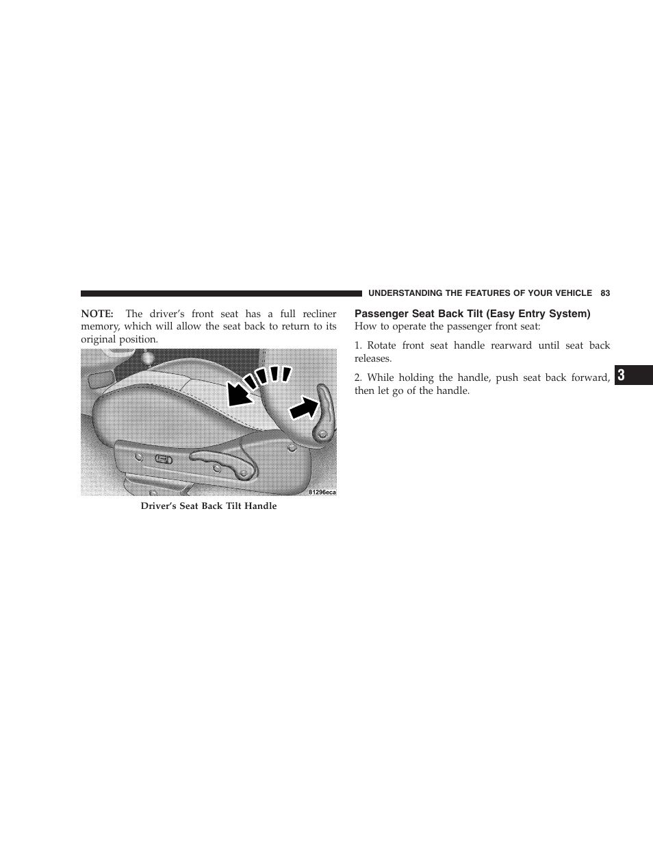 Passenger seat back tilt (easy entry system) | Chrysler 2005 PT Cruiser Convertible User Manual | Page 83 / 360