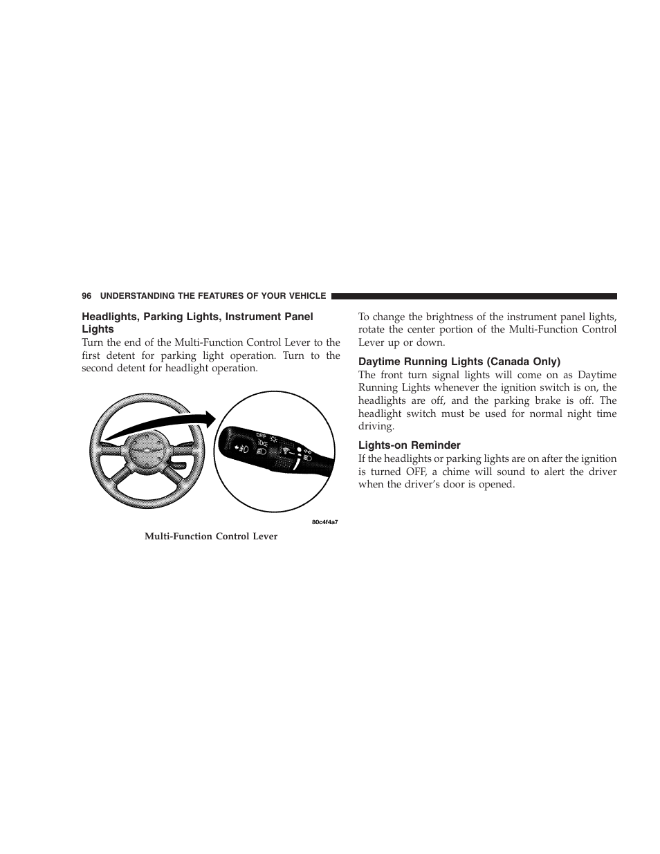 Headlights, parking lights, instrument panel, Lights, Daytime running lights (canada only) | Lights-on reminder | Chrysler 2005 PT Cruiser Convertible User Manual | Page 96 / 360