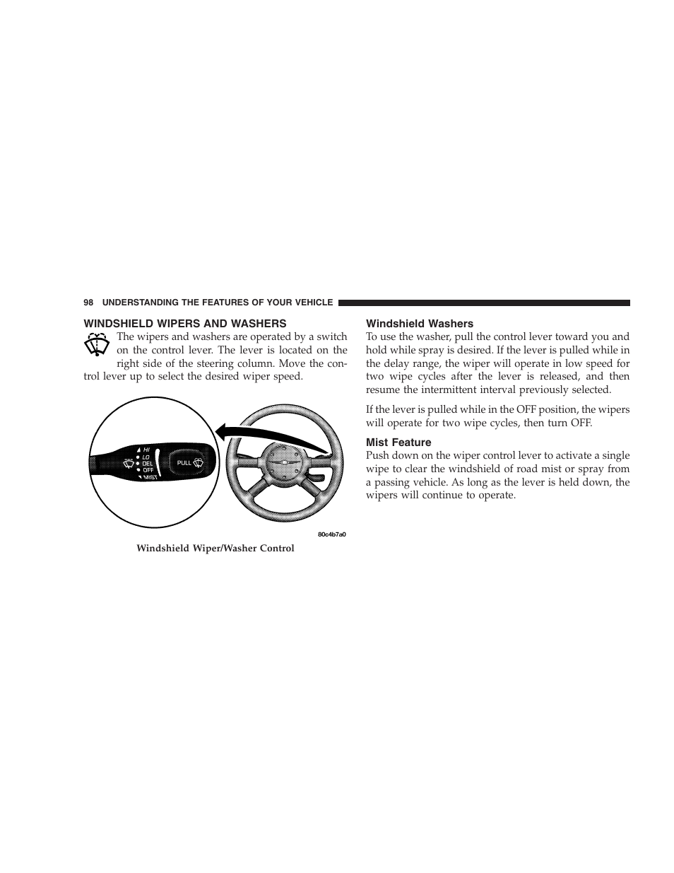 Windshield wipers and washers, Windshield washers, Mist feature | Chrysler 2005 PT Cruiser Convertible User Manual | Page 98 / 360