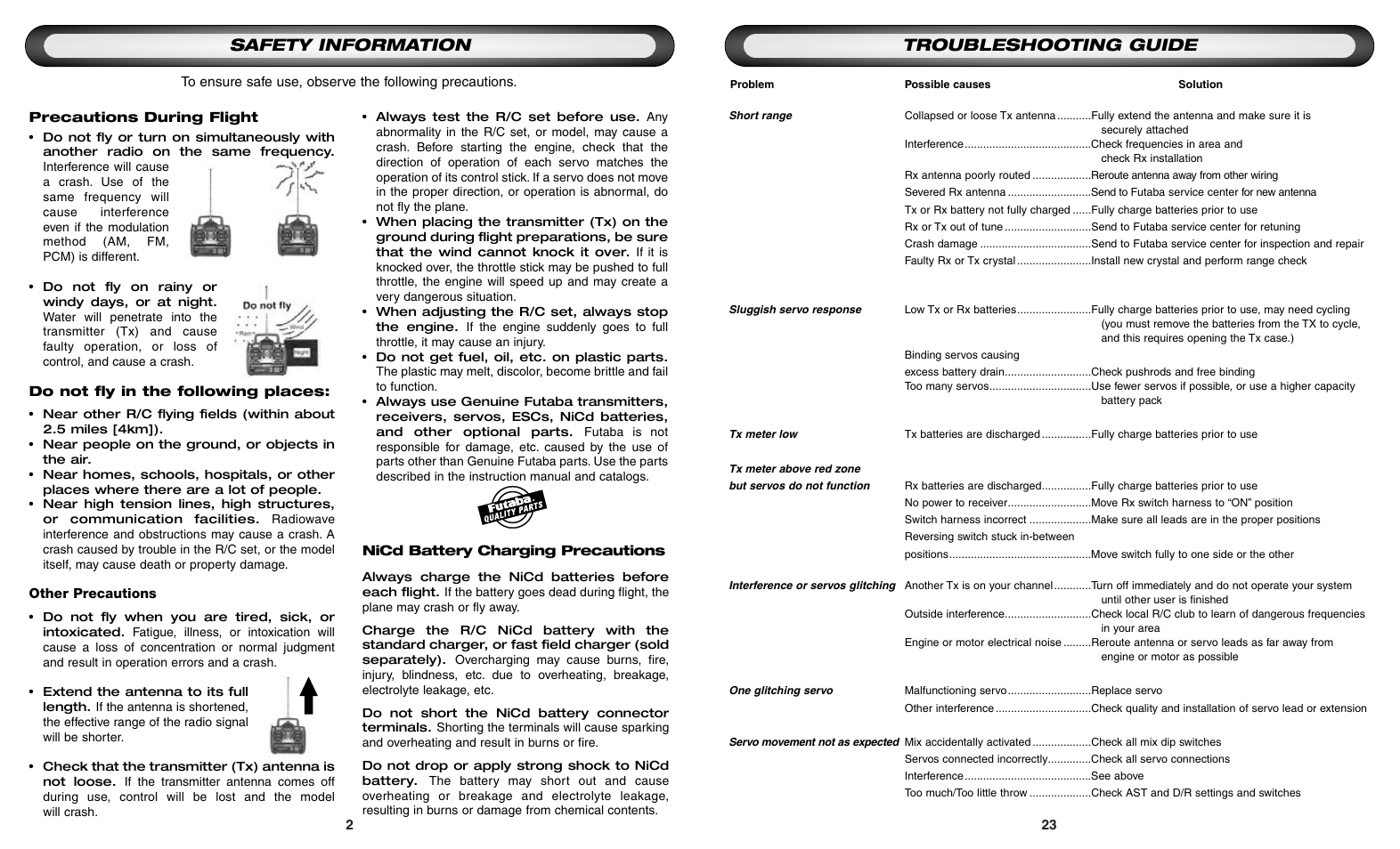Safety information, Troubleshooting guide | Futaba 6DA User Manual | Page 2 / 12