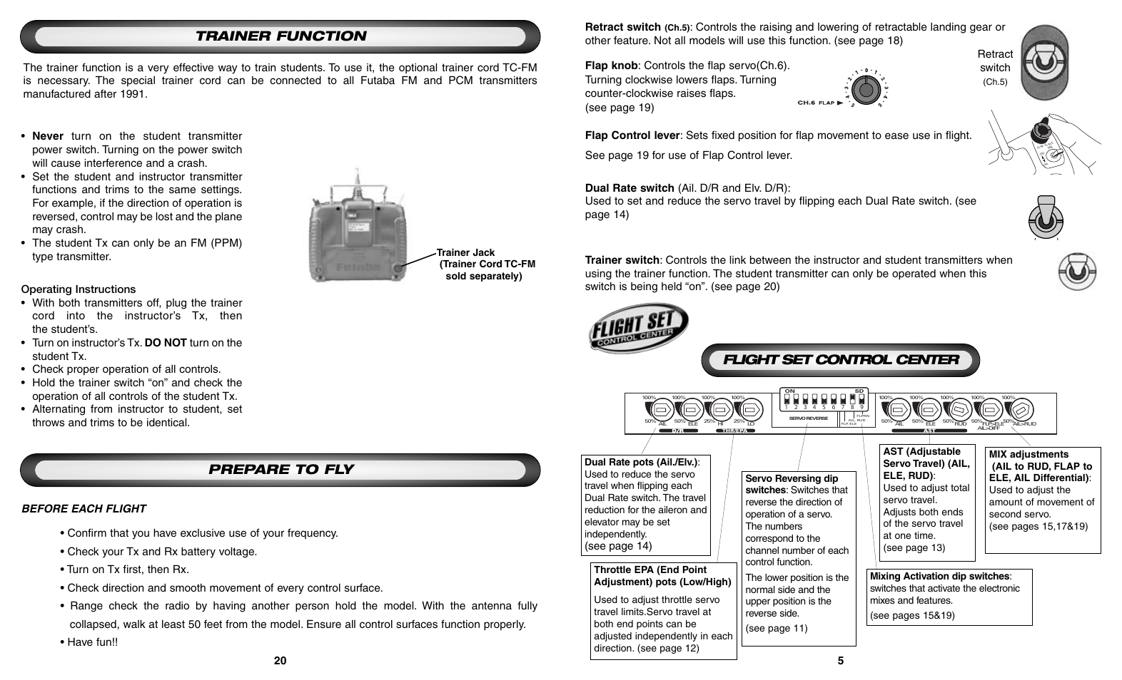 Trainer function prepare to fly, Flight set control center, Retract switch | See page 14), Trainer jack (trainer cord tc-fm sold separately) | Futaba 6DA User Manual | Page 5 / 12