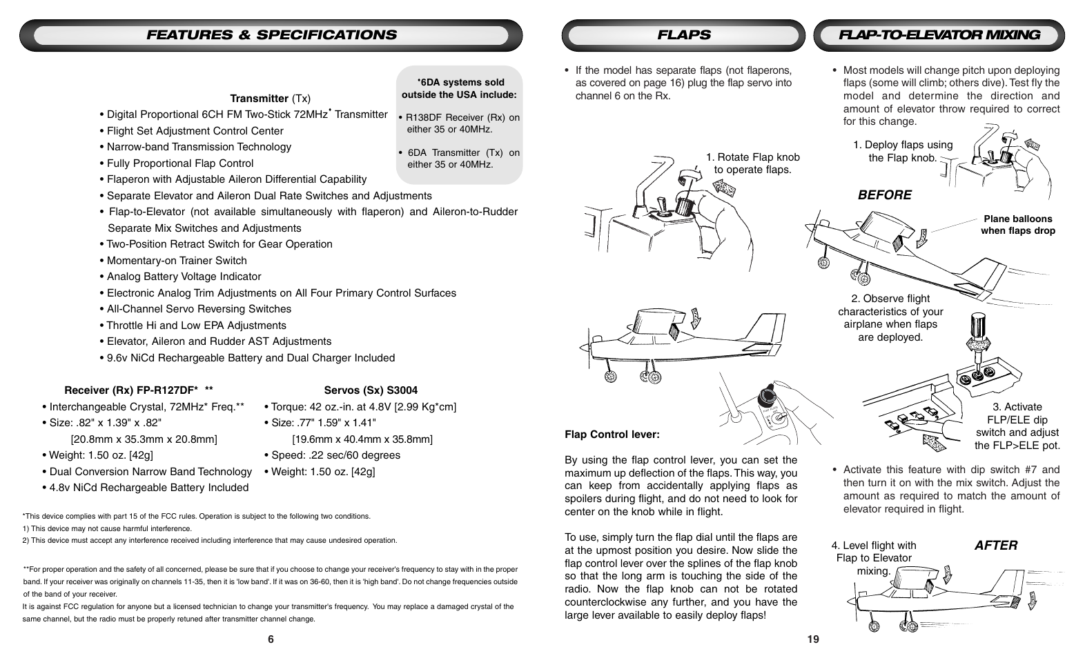 Flaps flap-to-elevator mixing before after, Features & specifications | Futaba 6DA User Manual | Page 6 / 12