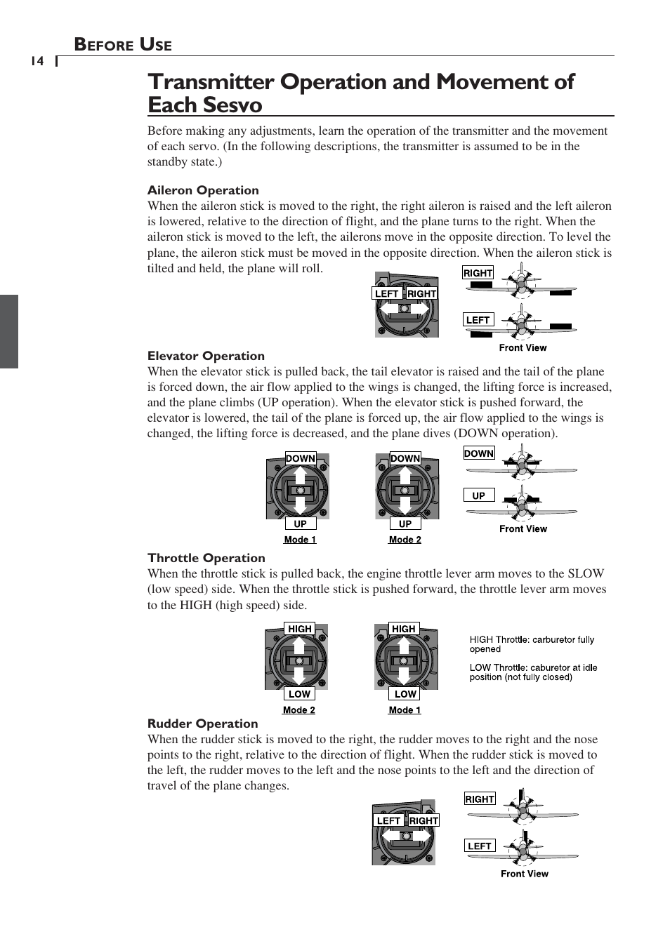 Transmitter operation and movement of each sesvo | Futaba 6YF User Manual | Page 13 / 22