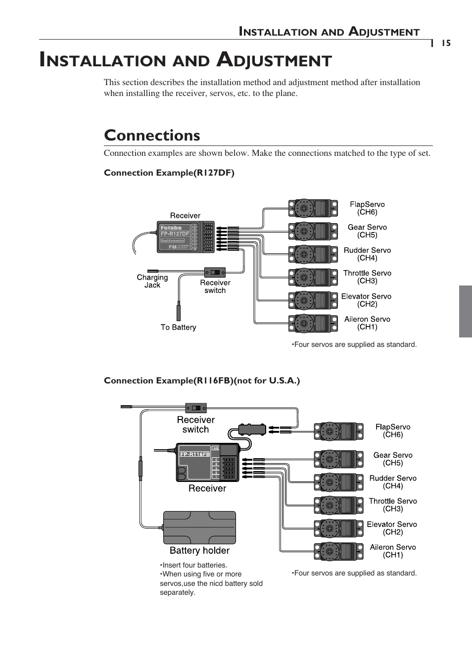 Connections, Nstallation, Djustment | Futaba 6YF User Manual | Page 14 / 22