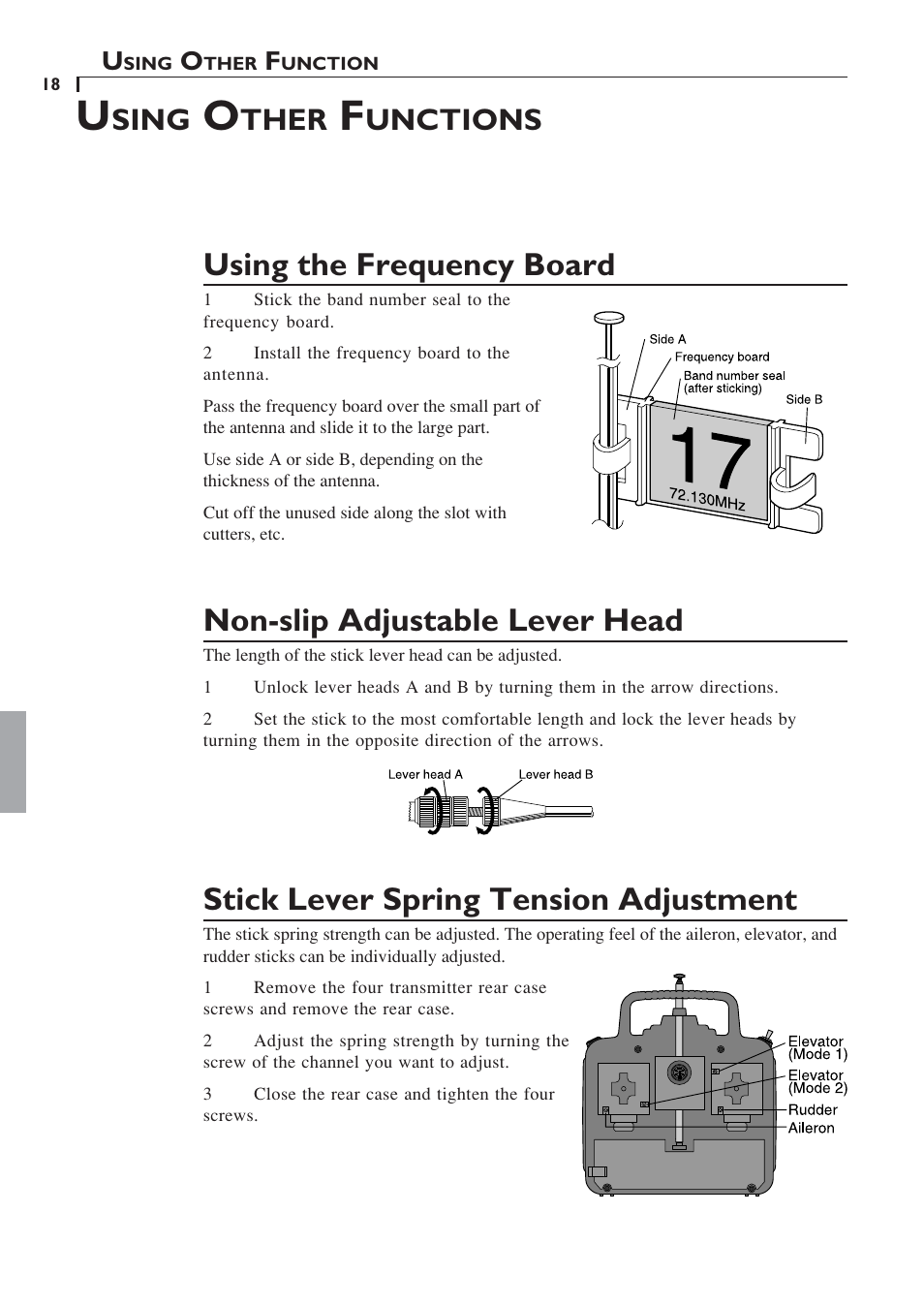 Using the frequency board, Non-slip adjustable lever head, Stick lever spring tension adjustment | Sing, Ther, Unctions | Futaba 6YF User Manual | Page 17 / 22