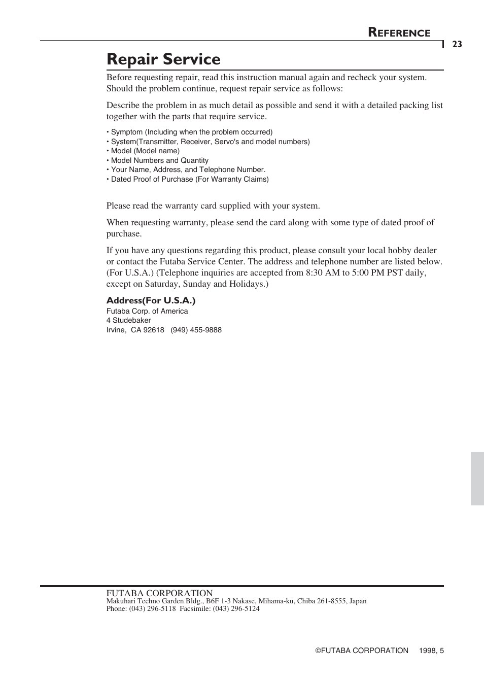 Repair service | Futaba 6YF User Manual | Page 22 / 22