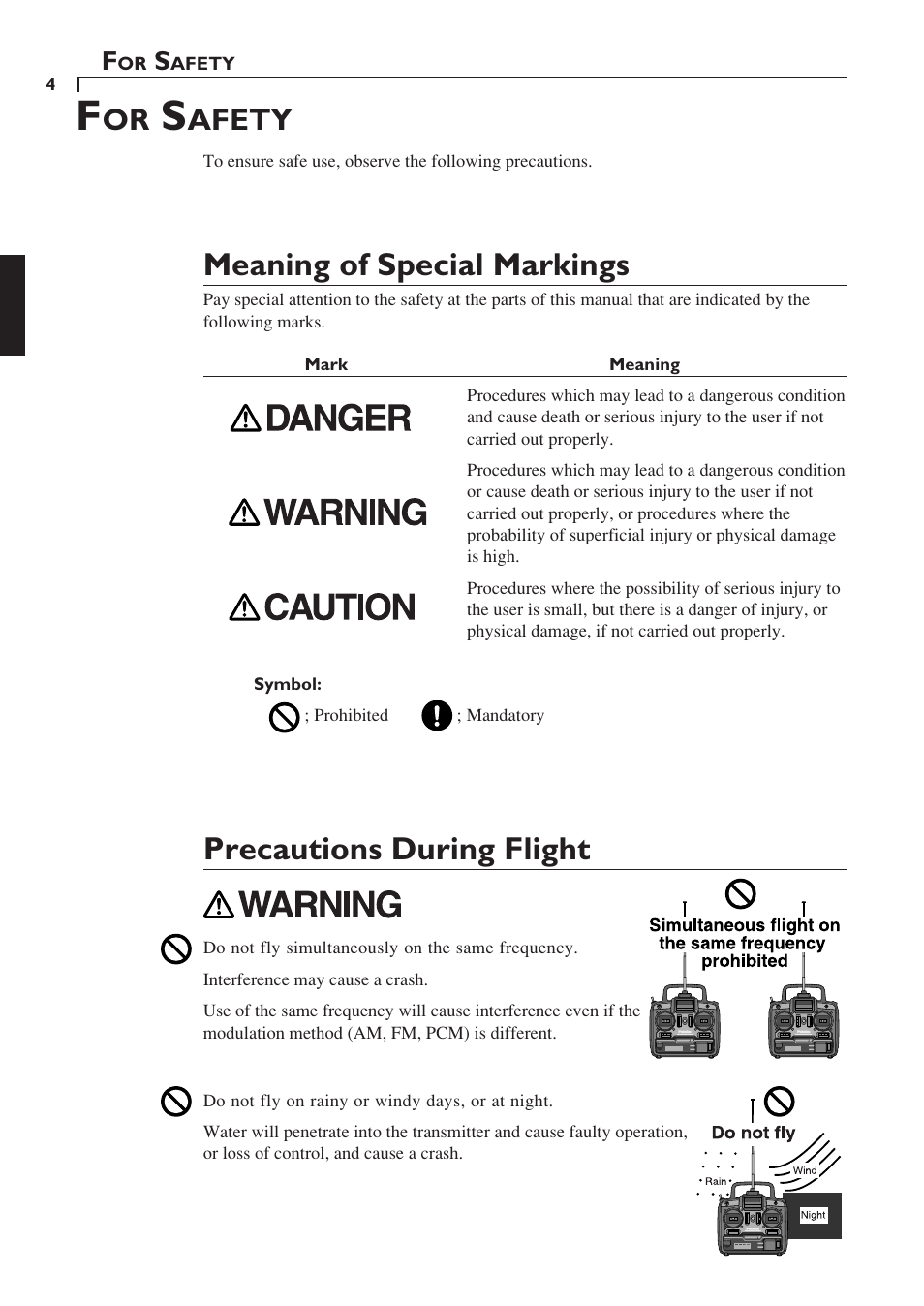 Meaning of special markings, Precautions during flight, Afety | Futaba 6YF User Manual | Page 3 / 22