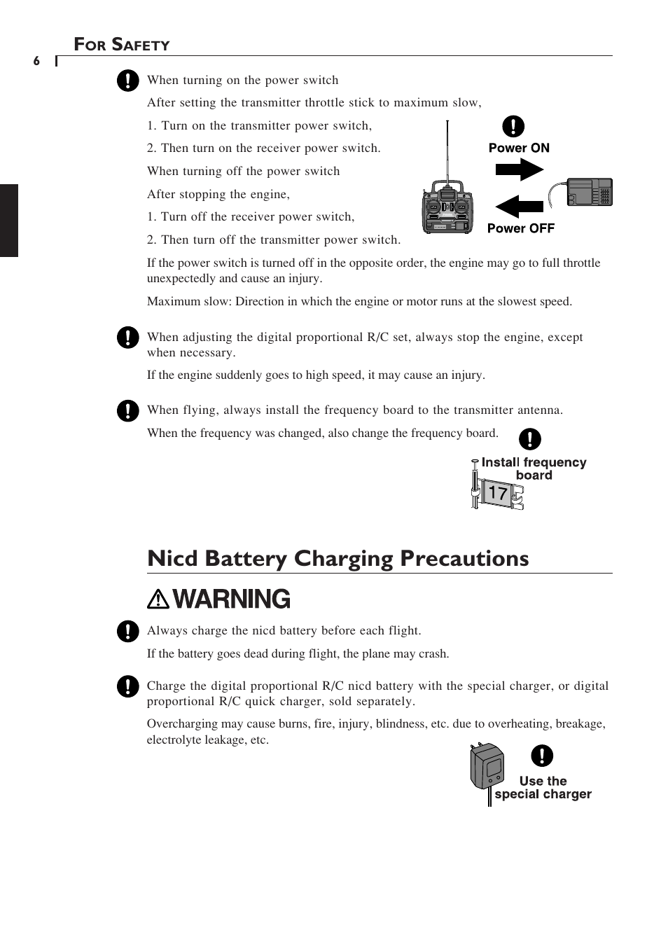 Nicd battery charging precautions | Futaba 6YF User Manual | Page 5 / 22