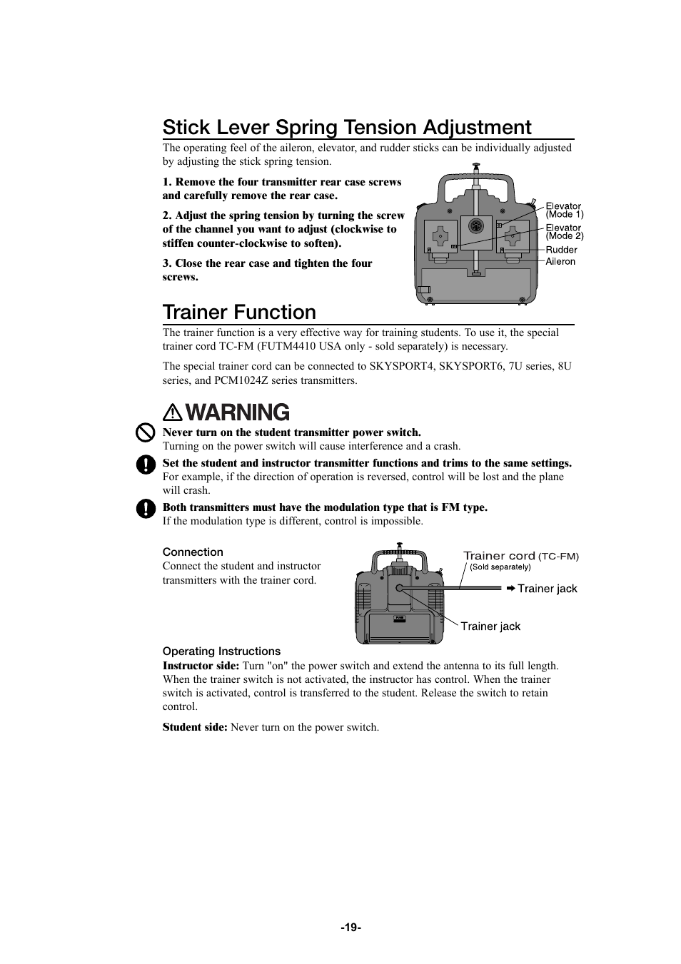 Trainer function, Stick lever spring tension adjustment | Futaba 6YG User Manual | Page 19 / 23