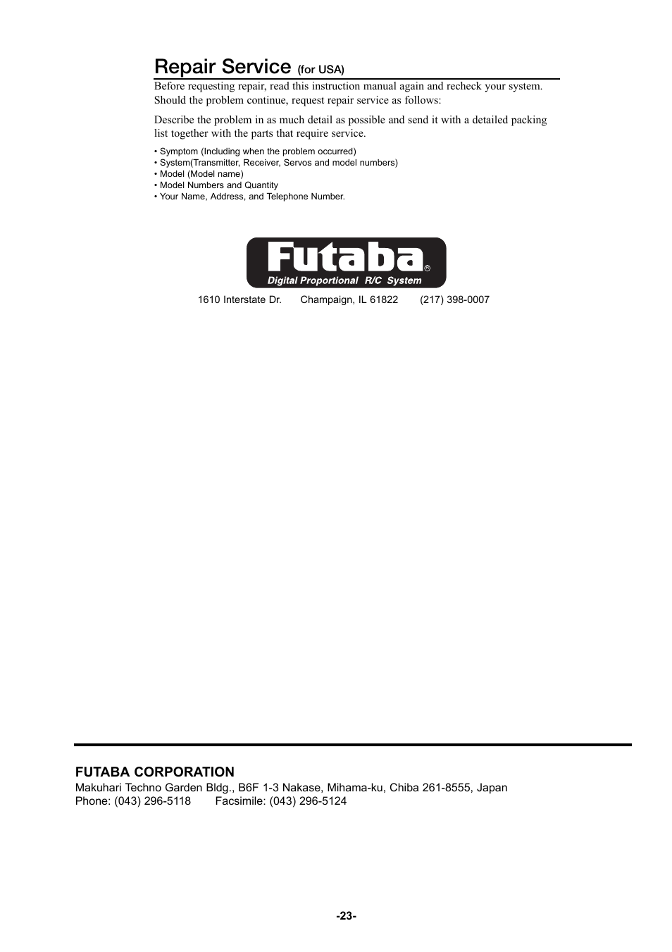 Repair service | Futaba 6YG User Manual | Page 23 / 23