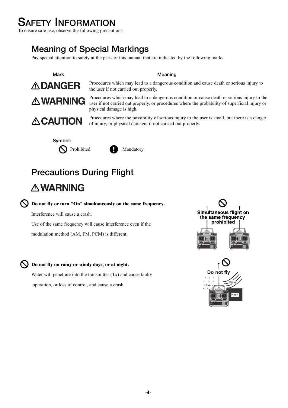 Nformation, Meaning of special markings, Precautions during flight | Afety | Futaba 6YG User Manual | Page 4 / 23