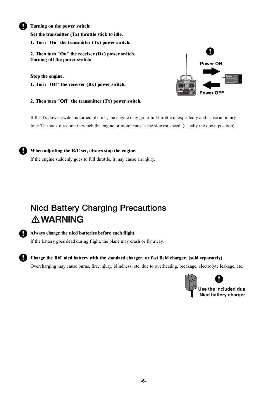Nicd battery charging precautions | Futaba 6YG User Manual | Page 6 / 23