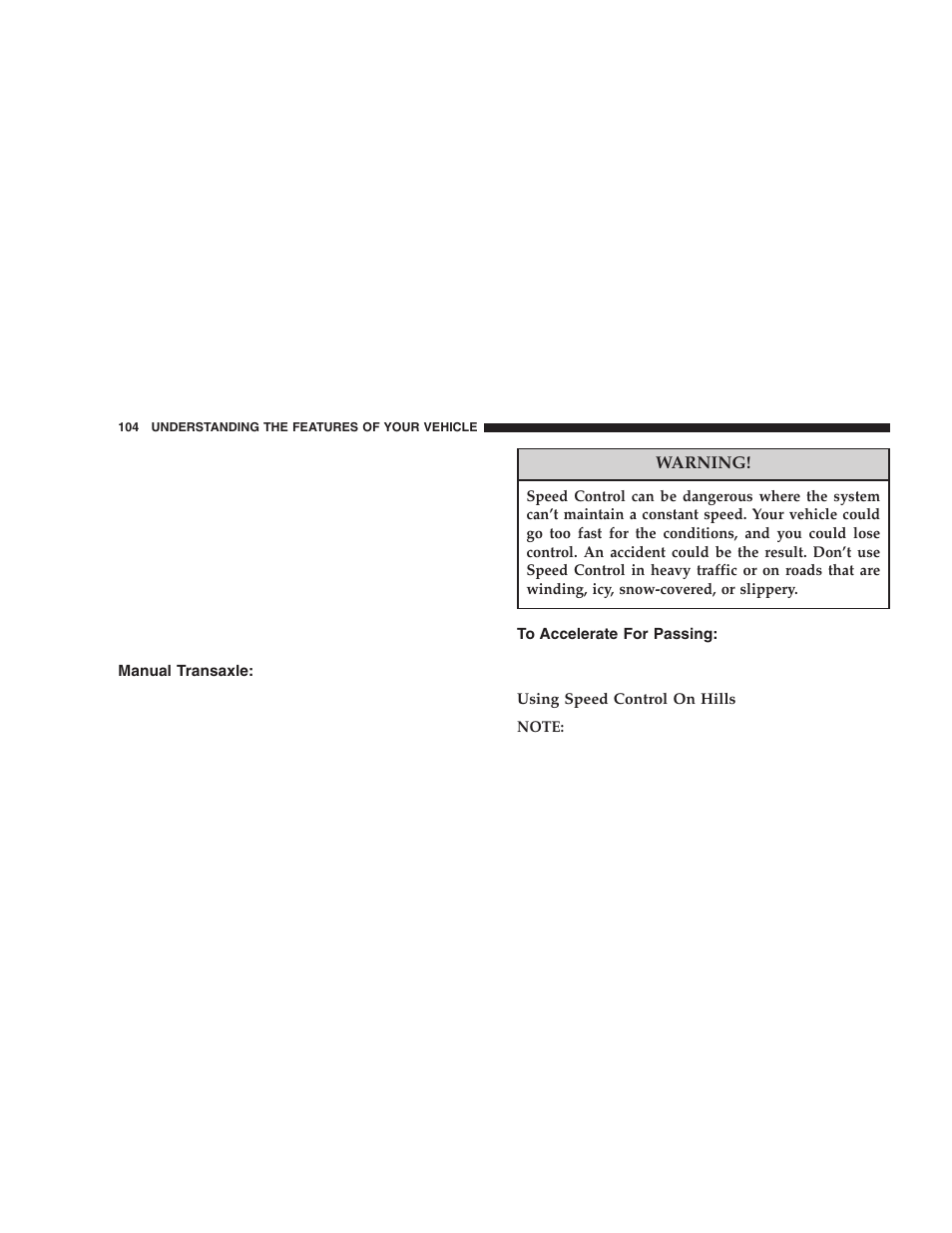 Manual transaxle, To accelerate for passing | Chrysler 2005 PT Cruiser User Manual | Page 104 / 368