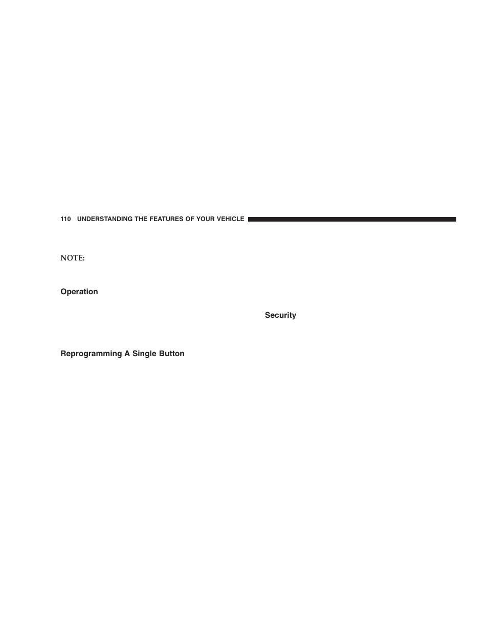 Operation, Reprogramming a single button, Security | Chrysler 2005 PT Cruiser User Manual | Page 110 / 368
