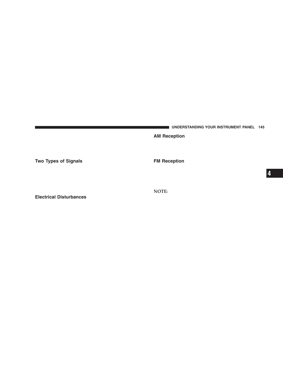 Two types of signals, Electrical disturbances, Am reception | Fm reception | Chrysler 2005 PT Cruiser User Manual | Page 145 / 368