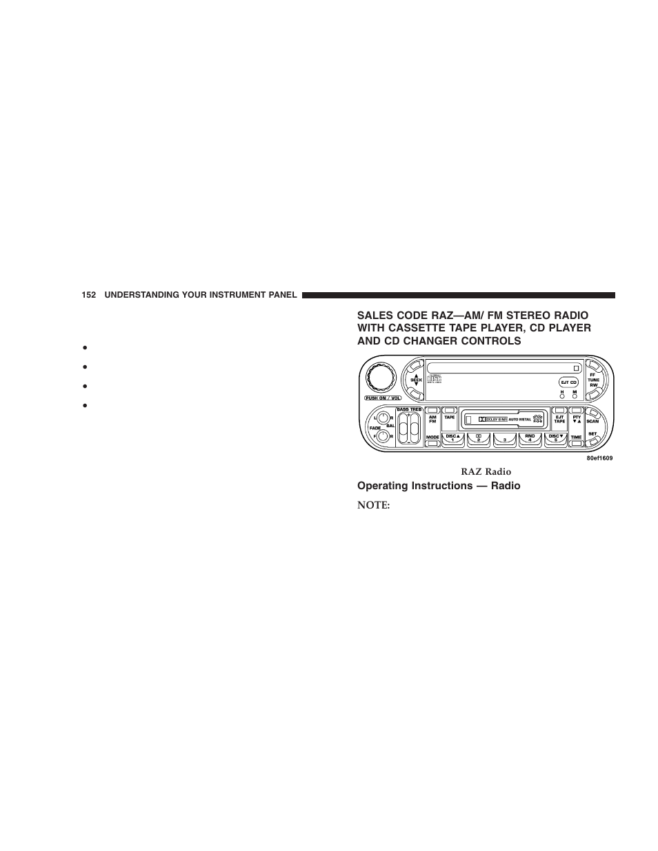 Sales code raz—am/ fm stereo radio with, Operating instructions — radio | Chrysler 2005 PT Cruiser User Manual | Page 152 / 368