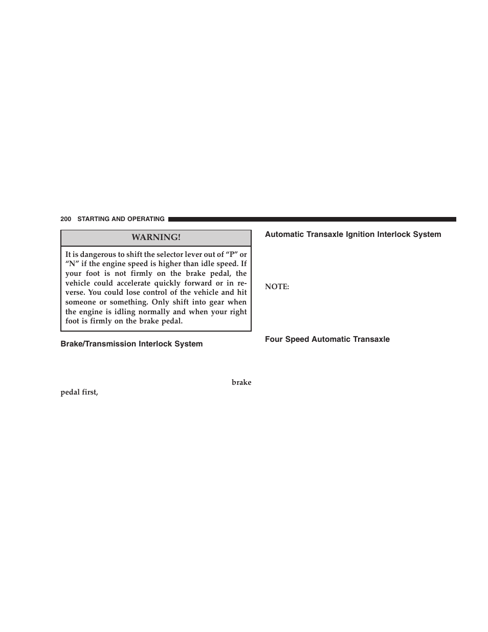 Brake/transmission interlock system, Automatic transaxle ignition interlock, System | Four speed automatic transaxle | Chrysler 2005 PT Cruiser User Manual | Page 200 / 368