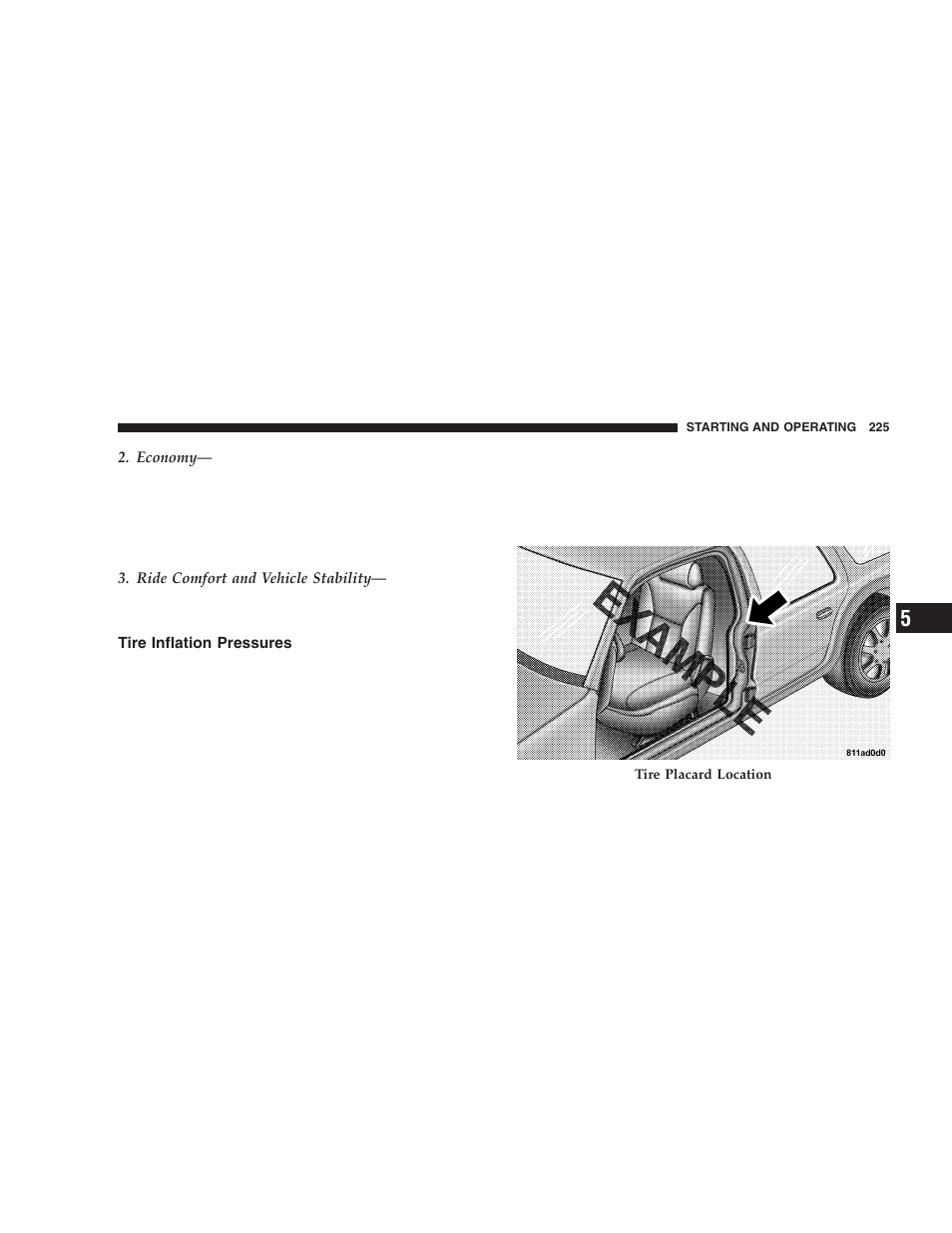 Tire inflation pressures | Chrysler 2005 PT Cruiser User Manual | Page 225 / 368