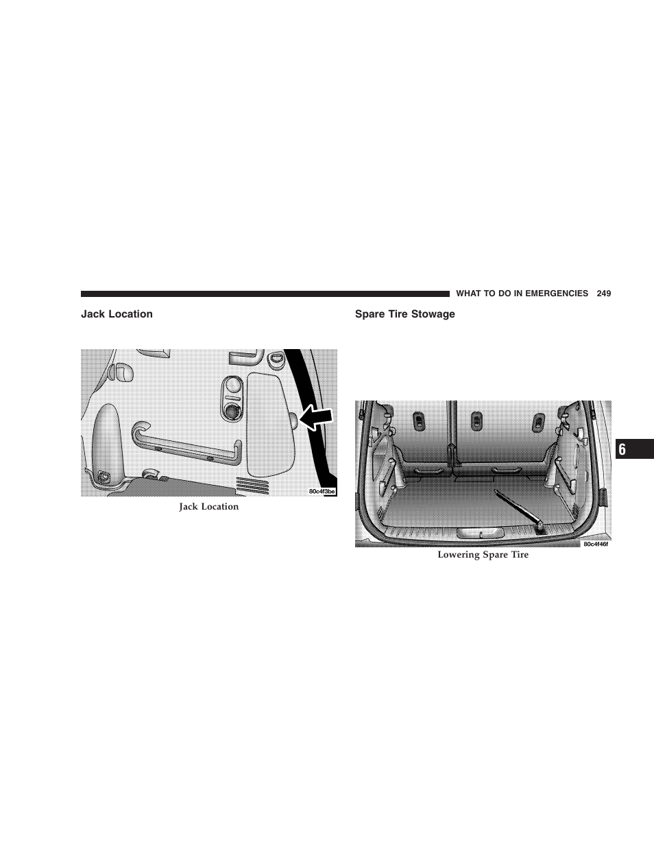 Jack location, Spare tire stowage | Chrysler 2005 PT Cruiser User Manual | Page 249 / 368