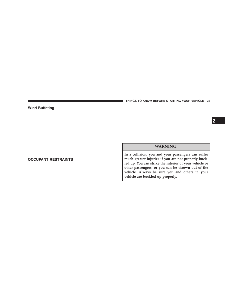 Wind buffeting, Occupant restraints | Chrysler 2005 PT Cruiser User Manual | Page 33 / 368