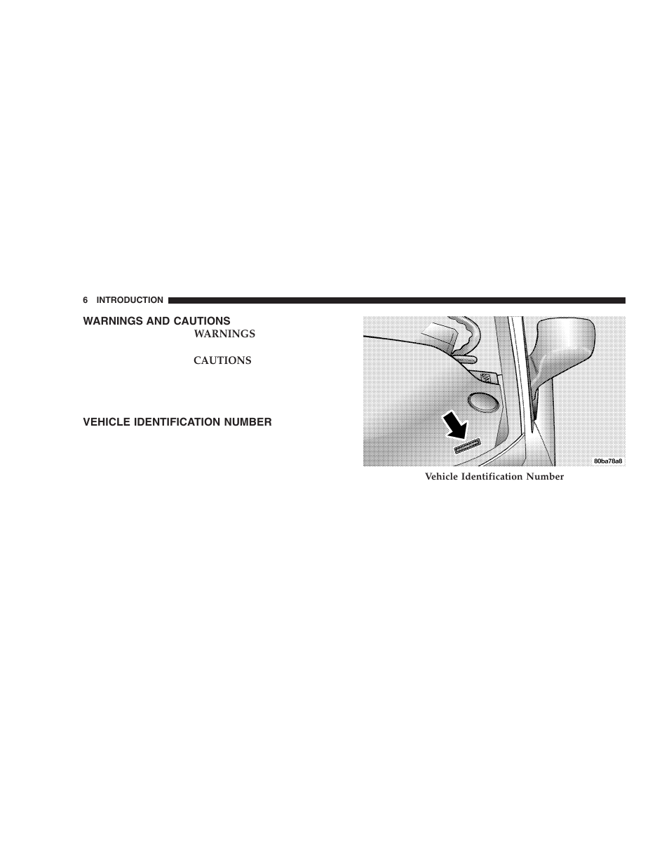 Warnings and cautions, Vehicle identification number | Chrysler 2005 PT Cruiser User Manual | Page 6 / 368