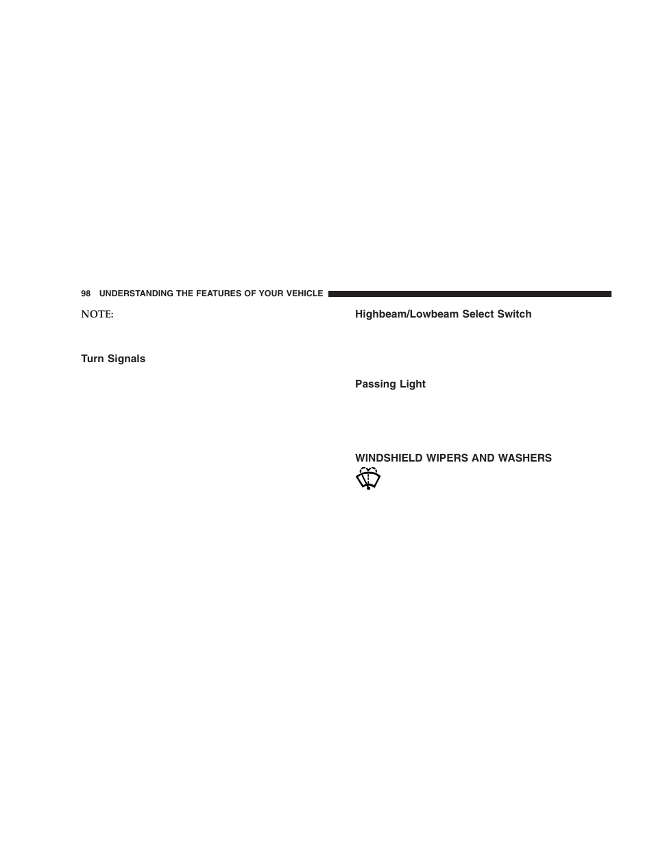 Turn signals, Highbeam/lowbeam select switch, Passing light | Windshield wipers and washers | Chrysler 2005 PT Cruiser User Manual | Page 98 / 368