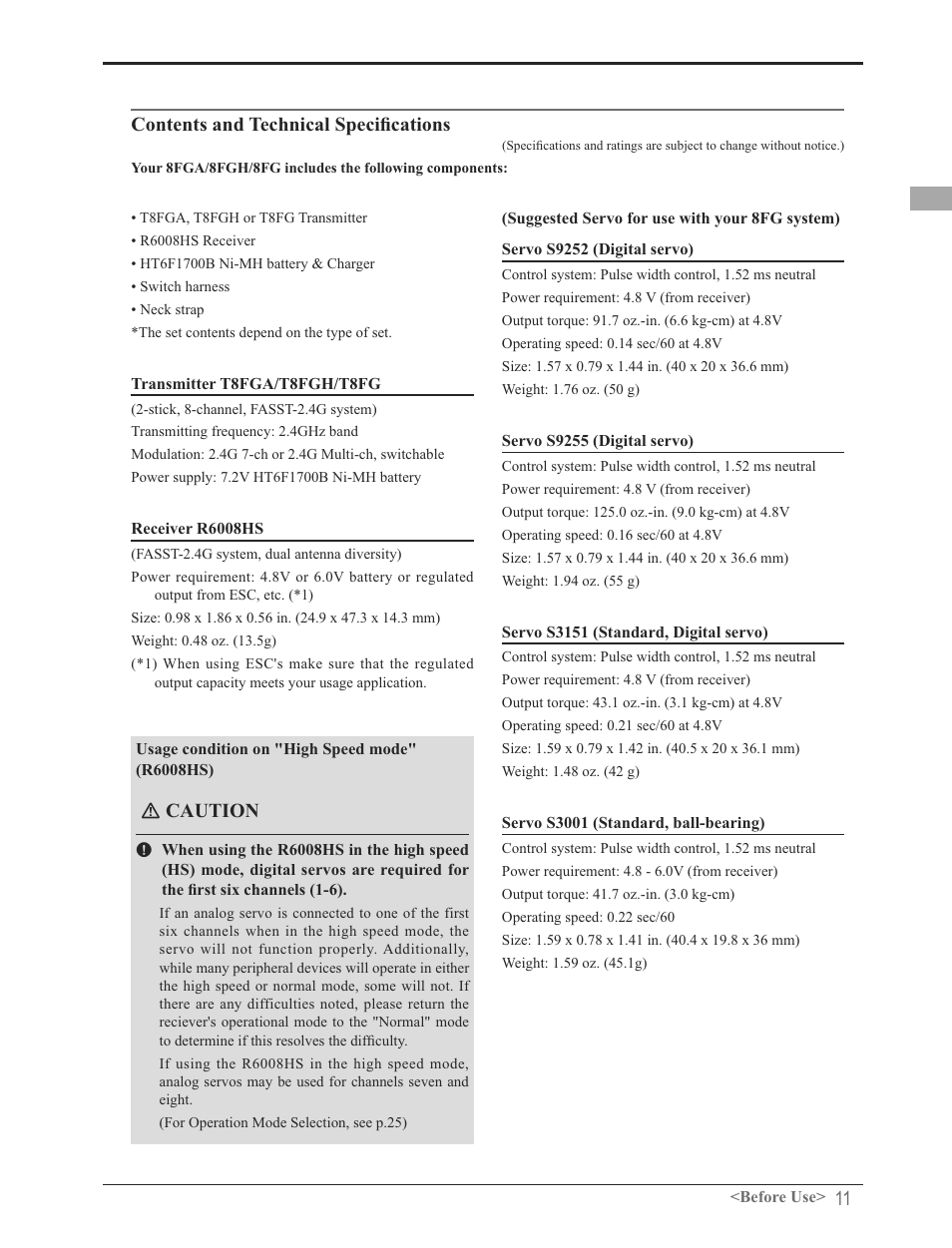 Rqwhqwvdqg7hfkqlfdo6shfl¿fdwlrqv, Ｎ caution | Futaba 8FG 2.4GHz User Manual | Page 11 / 123