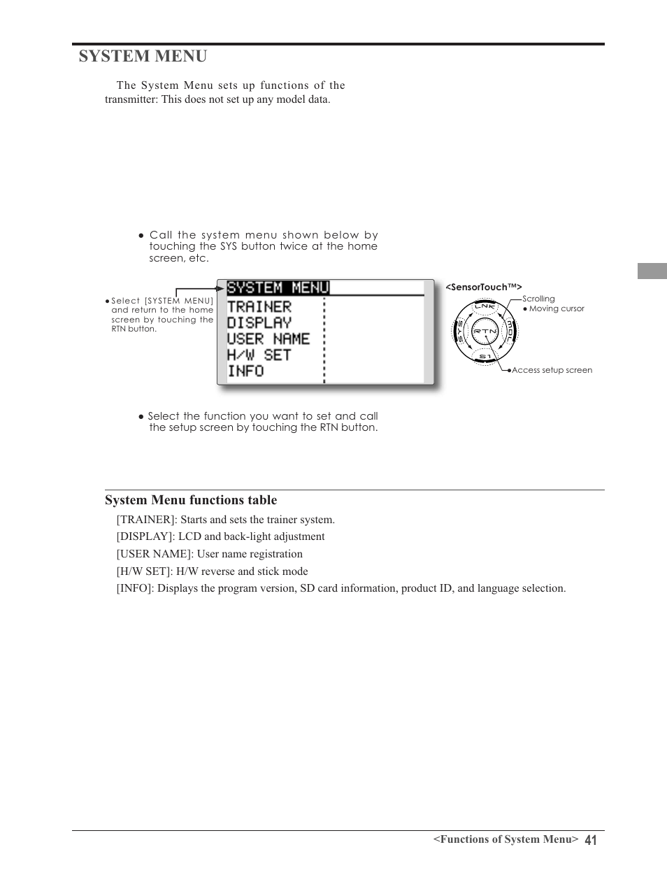 System menu, 6\vwhp0hqxixqfwlrqvwdeoh | Futaba 8FG 2.4GHz User Manual | Page 41 / 123